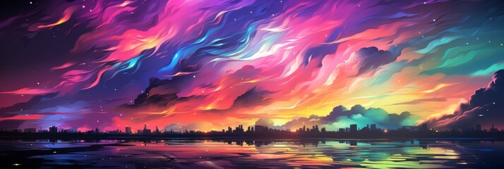 A mesmerizing scene of a multicolor surreal sky with vibrant rainbow colors and glowing stars reflected in a calm lake, with dark hills on the distant horizon. Panoramic Composition.