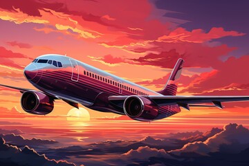 A sleek and shiny airplane soars through the sky, its wings glinting in the golden rays of the setting sun. The plane is flying high above the clouds, and the sky is a deep blue.