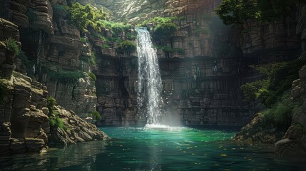 A cascading waterfall plunging into a hidden emerald pool, a secret oasis nestled within rugged cliffs. - obrazy, fototapety, plakaty