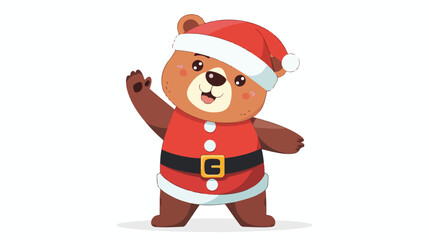 Cartoon bear in santa claus costume waving hand flat