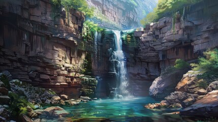 A cascading waterfall plunging into a hidden emerald pool, a secret oasis nestled within rugged cliffs.