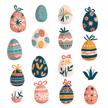 Hand drawn abstract Easter items, gifts, ornaments, celebration flat icons set. Color isolated illustrations. Colourful. 