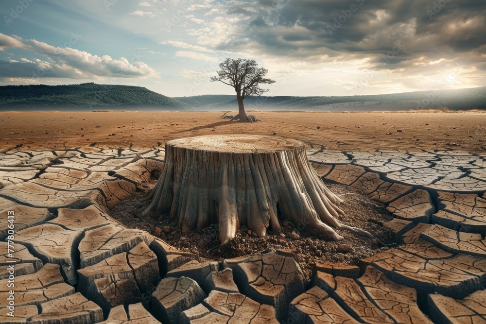 Poster stump from felled tree in drought concept. record summer heat. backdrop of the consequences of envir