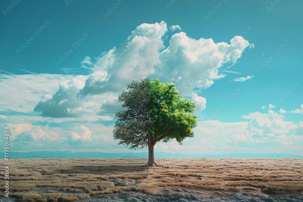 Poster tree in drought concept. climate change and environmental problems. backdrop with selective focus