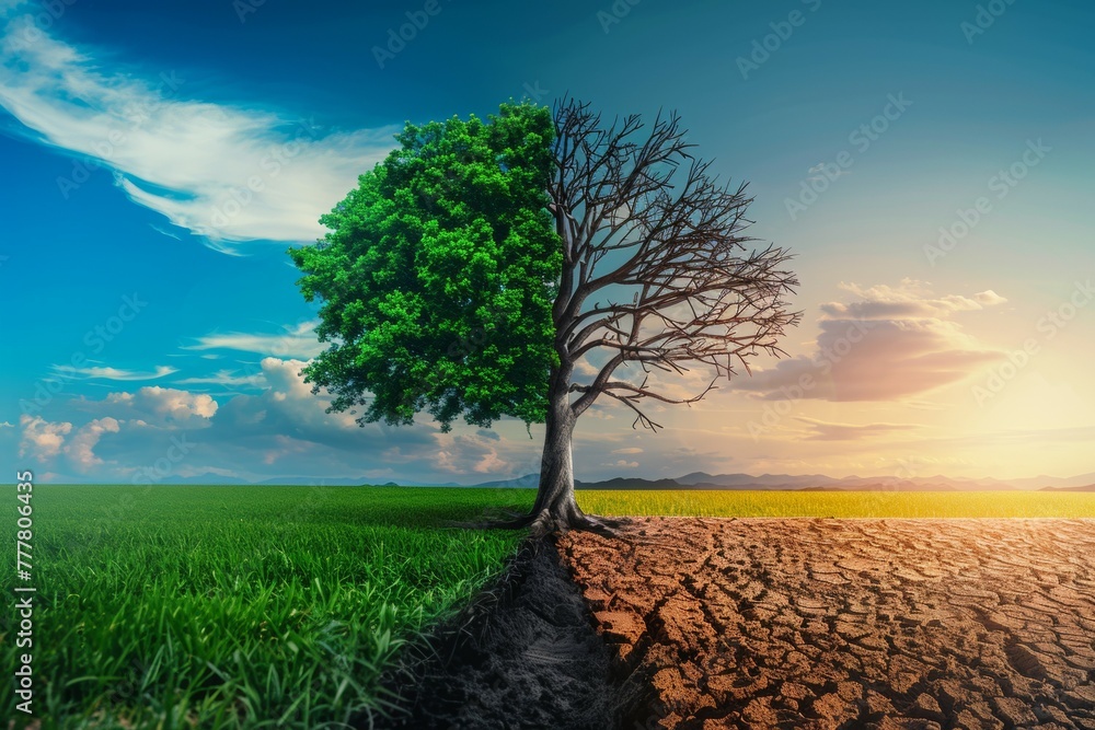 Poster tree in ecology and drought concept. climate change and record heat. backdrop with selective focus