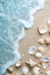Fototapeta na wymiar a beach scene featuring beach sand and seashells, in the style of light white and sky-blue, ferrania p30, serene visuals, ad posters, vibrant stage backdrops - generative ai