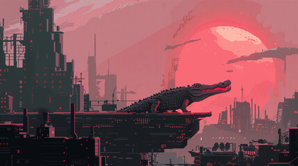 Futuristic Cityscape with Crocodile Overlord - obrazy, fototapety, plakaty