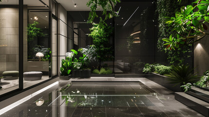 A sleek courtyard design within a modern home, featuring a monochrome palette with green accent plants. The area is defined by its clean lines, polished surfaces, - obrazy, fototapety, plakaty