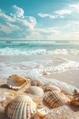 Fototapeta na wymiar a beach scene featuring beach sand and seashells, in the style of light white and sky-blue, ferrania p30, serene visuals, ad posters, vibrant stage backdrops - generative ai