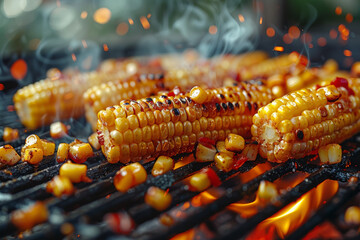 A heap of golden corn kernels sizzles on a hot grill, releasing their sweet fragrance into the air. Concept of summertime barbecues and outdoor cooking. Generative Ai. - obrazy, fototapety, plakaty