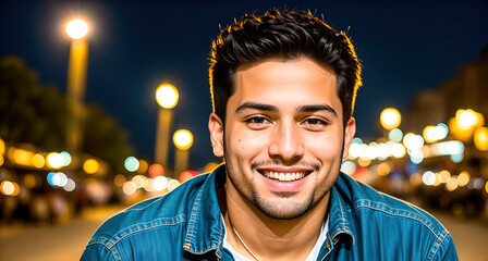 A young man smiling and looking at the camera. - obrazy, fototapety, plakaty