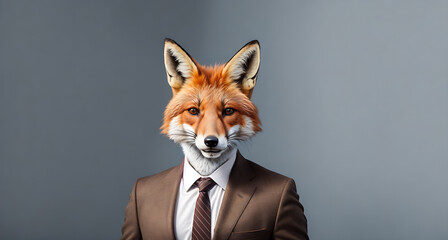 A fox wearing a suit and tie standing in front of a gray background.