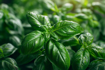 A bunch of aromatic basil leaves is plucked from the stem, ready to be transformed into fragrant pesto sauce. Concept of fresh herbs and homemade condiments. Generative Ai.