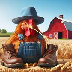 Cheerful Funny Cute Little Red Free-Range Chicken Rooster Hen Mammal Animal Wearing Bib Overalls & Hat Sits on Farmer Leather Work Shoes Chewing on a Hay Wheat Straw with a Red Barn in the Background