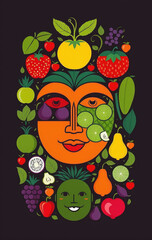 Illustrative depiction of a female face framed by fruits and vegetables for healthy nutrition and healthy skin