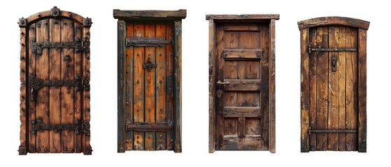 set of rustic wooden doors isolated on white background