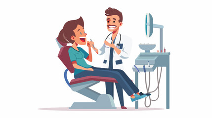 Cartoon dentist check tooth into open mouth of patien