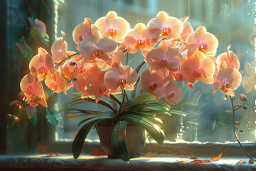 A cluster of exotic orchids adorns a sun-dappled windowsill, their intricate blooms a testament to...