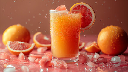 A glass of orange juice with a slice of grapefruit on top. AI.