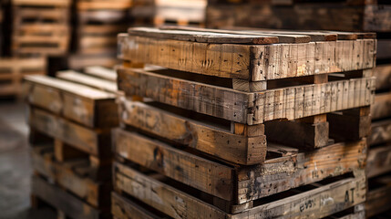 A stack of wooden crates are piled on top of each other. AI.