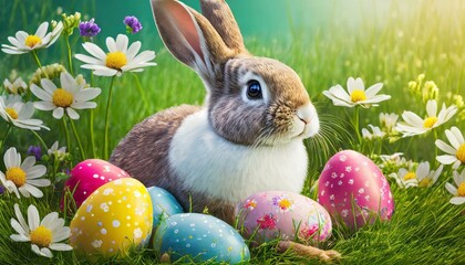 A cute Easter bunny with colorful eggs on a green meadow, surrounded by spring flowers, Generative AI