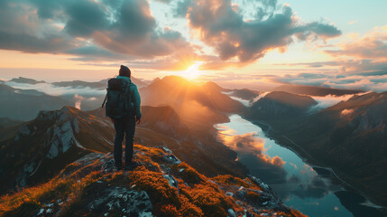 A man is standing on a mountain top with a backpack. AI.