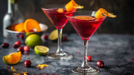 A classic cosmopolitan cocktail, with vodka, triple sec, cranberry juice, and a splash of lime, served in a chilled martini glass with a twist of orange peel for garnish.