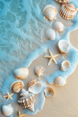 a beach scene featuring beach sand and seashells, in the style of light white and sky-blue, ferrania p30, serene visuals, ad posters, vibrant stage backdrops - generative ai