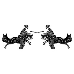 Symmetrical design with two medieval riders. Fighting knights with spears riding horses. Black and white silhouette. 