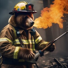 A bear wearing a firefighter helmet and putting out a fire5