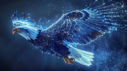 digital eagle with data streams , ai in aerial surveillance and reconnaissance systems, enhancing security and situational awareness in  defense, law enforcement, and emergency response.