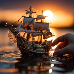 A beautiful miniature galleon ship model with the setting sun casting a warm glow on the water. The...