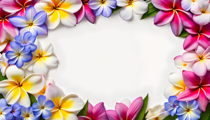 Natural border frame of fresh wet plumeria daisy cosmos and periwinkle flowers on white background