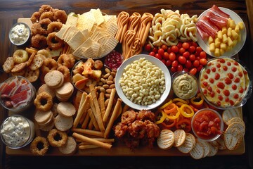 A table full of food with a variety of snacks and appetizers