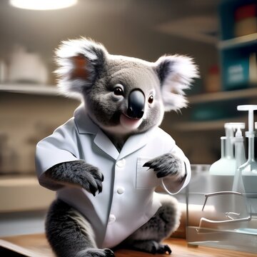 A koala wearing a scientist's lab coat and conducting experiments1
