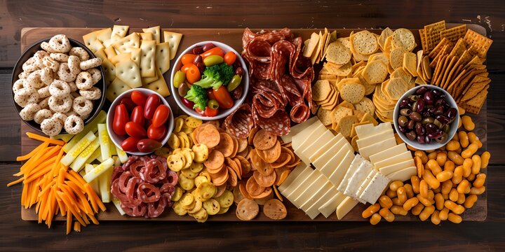 A table with a variety of snacks and appetizers, including crackers, cheese