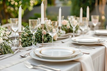 Fototapeta premium A table with a white tablecloth and a number of white plates and glasses