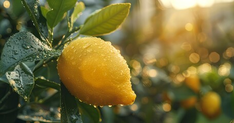 Ripe Lemon Hanging from Tree Against Blur Architectural Backdrop