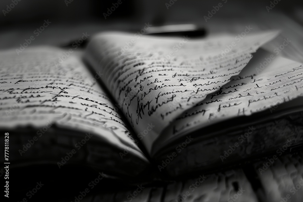 Poster a book is open to a page with a pen on it