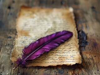A purple feather is on top of a piece of paper with writing on it