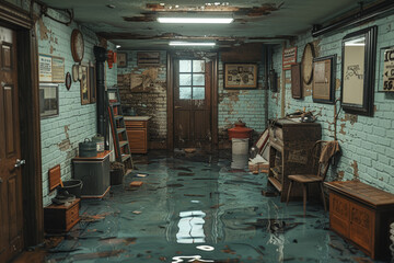 A flooded basement with water damage to the walls and belongings, hinting at a plumbing issue or natural disaster. Concept of property damage due to water. Generative Ai.