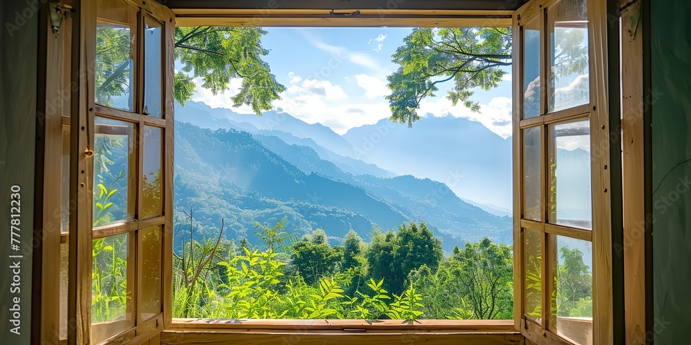 Poster a window with a view of mountains and trees