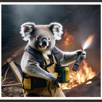 A koala wearing a firefighter helmet and putting out a fire1