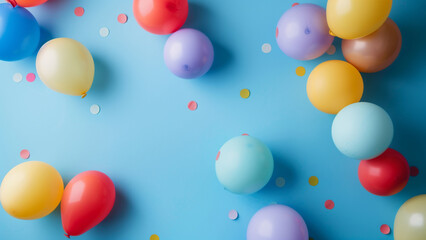 Colorful balloons and confetti on blue background. Flat lay, top view