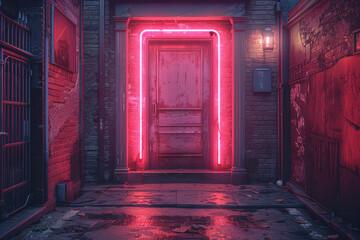 The electric pink of a neon sign glowing in the darkness, beckoning passersby with its bold and vibrant light. Concept of urban nightlife. Generative Ai.