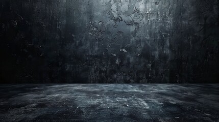 A rough black wall texture serves as the backdrop against a dark concrete floor, creating an old grunge background with a deep black hue. - obrazy, fototapety, plakaty