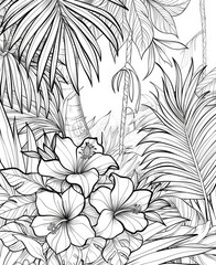 Rainforest jungle with trees and flowers coloring page for children. Black and white picture. AI Generated 