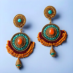 beautiful intricate ornate antique tribal African earrings with turquoise, gold, orange and red beads and gemstones - studio shot jewelry (costume jewelry)