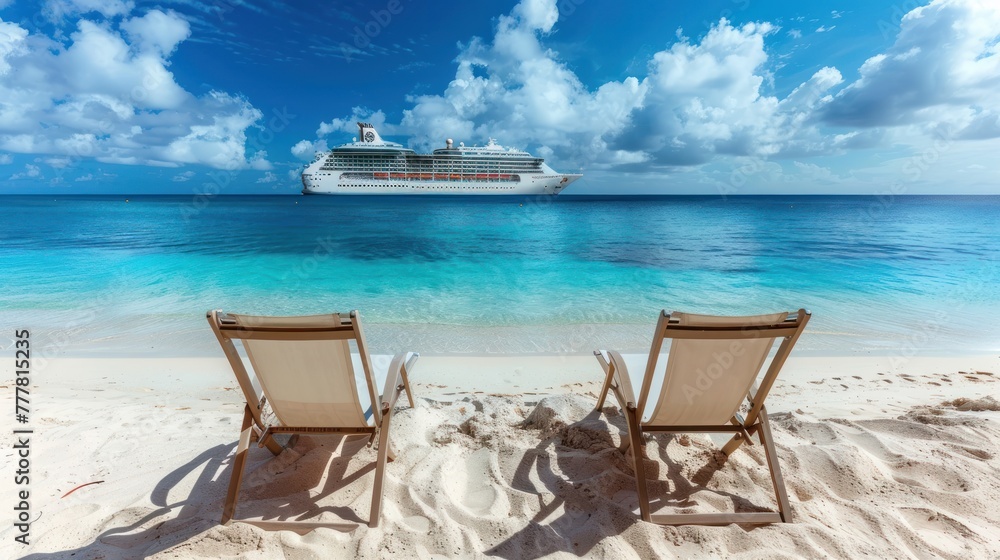 Wall mural beautiful beach with beach chairs on white sand and cruise ship in sea background. ai generated