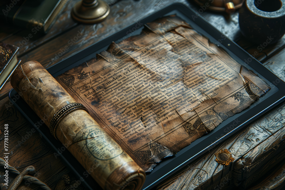 Poster an ancient parchment scroll contrasted with a digital tablet displaying electronic text. concept of 